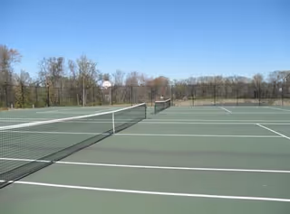 Outdoor sports court with tennis nets and basketball hoop, surrounded by a black fence and trees in the background under a clear blue sky.