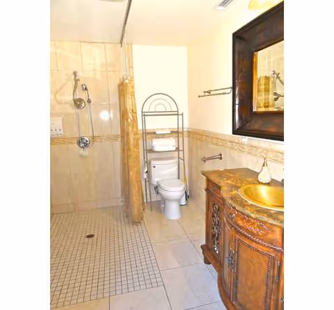 Accessible bathroom featuring shower, toilet, towel rack, and ornate wooden vanity.