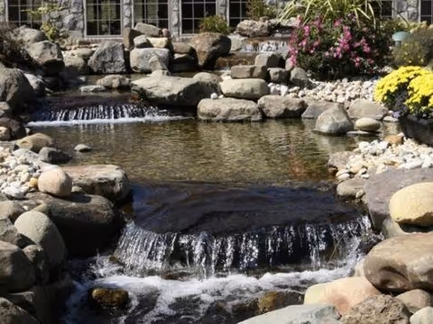 A serene outdoor water feature with a small cascading waterfall flowing over rocks into a clear pond surrounded by various sized stones and colorful flowers, with a building visible in the background.