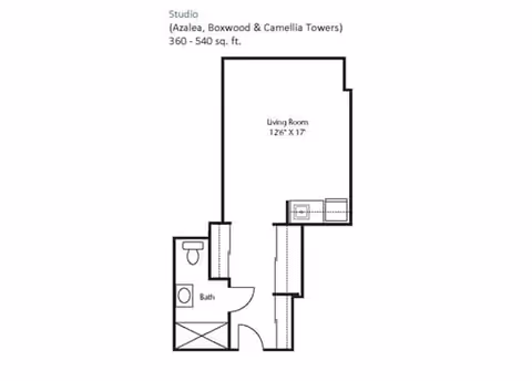 Floor plan of a studio apartment in Azalea, Boxwood & Camellia Towers at Legacy at Imperial Village, showing a living room measuring 12'6" by 17', a bathroom, and an entry area. The total area ranges from 360 to 540 square feet.