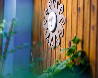 Decorative sun face wall art mounted on a wooden fence with green plants in the foreground and a blue wall in the background.