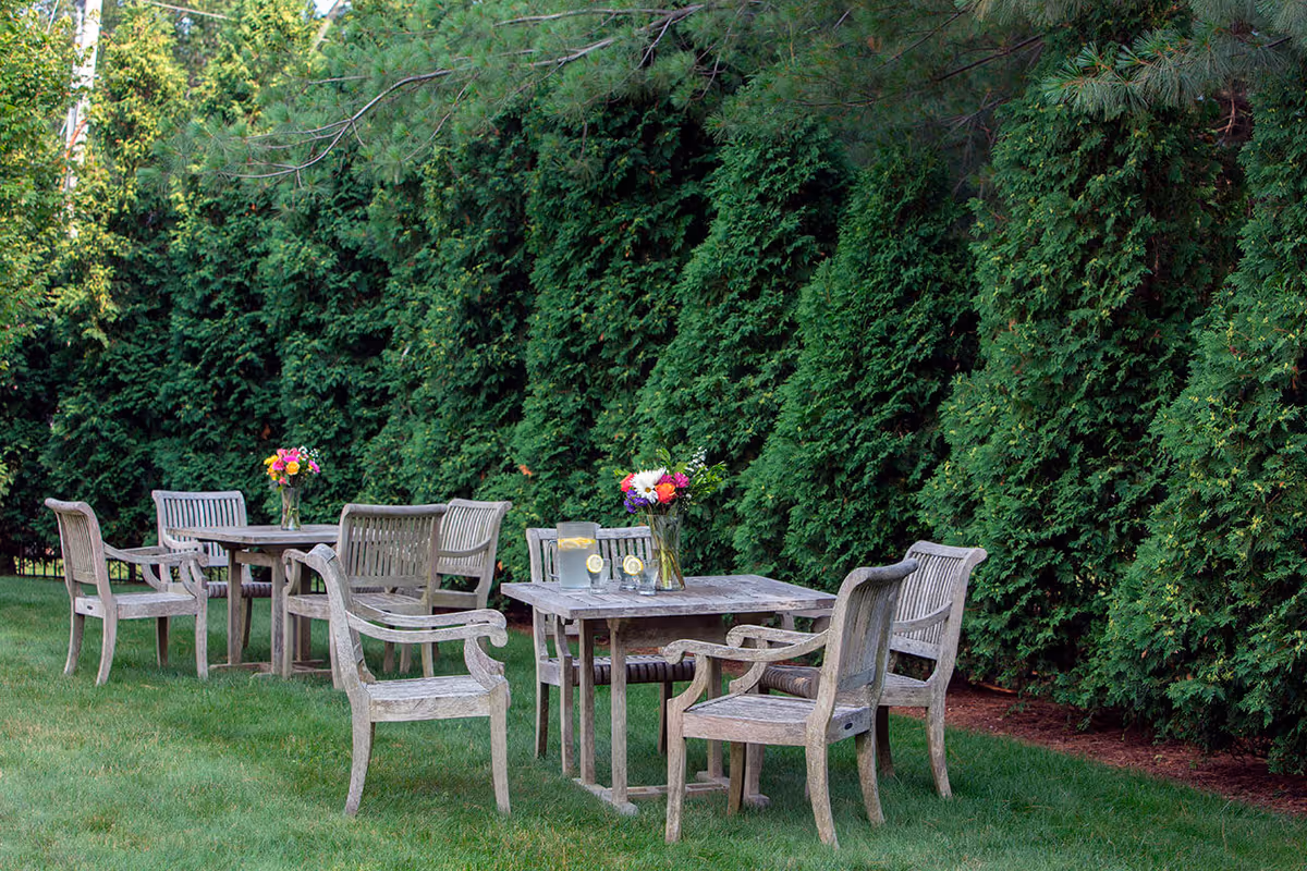 Outdoor seating area with two wooden tables and several wooden chairs on a grassy lawn, each table decorated with a vase of colorful flowers and a pitcher of lemon water, surrounded by tall green evergreen trees.