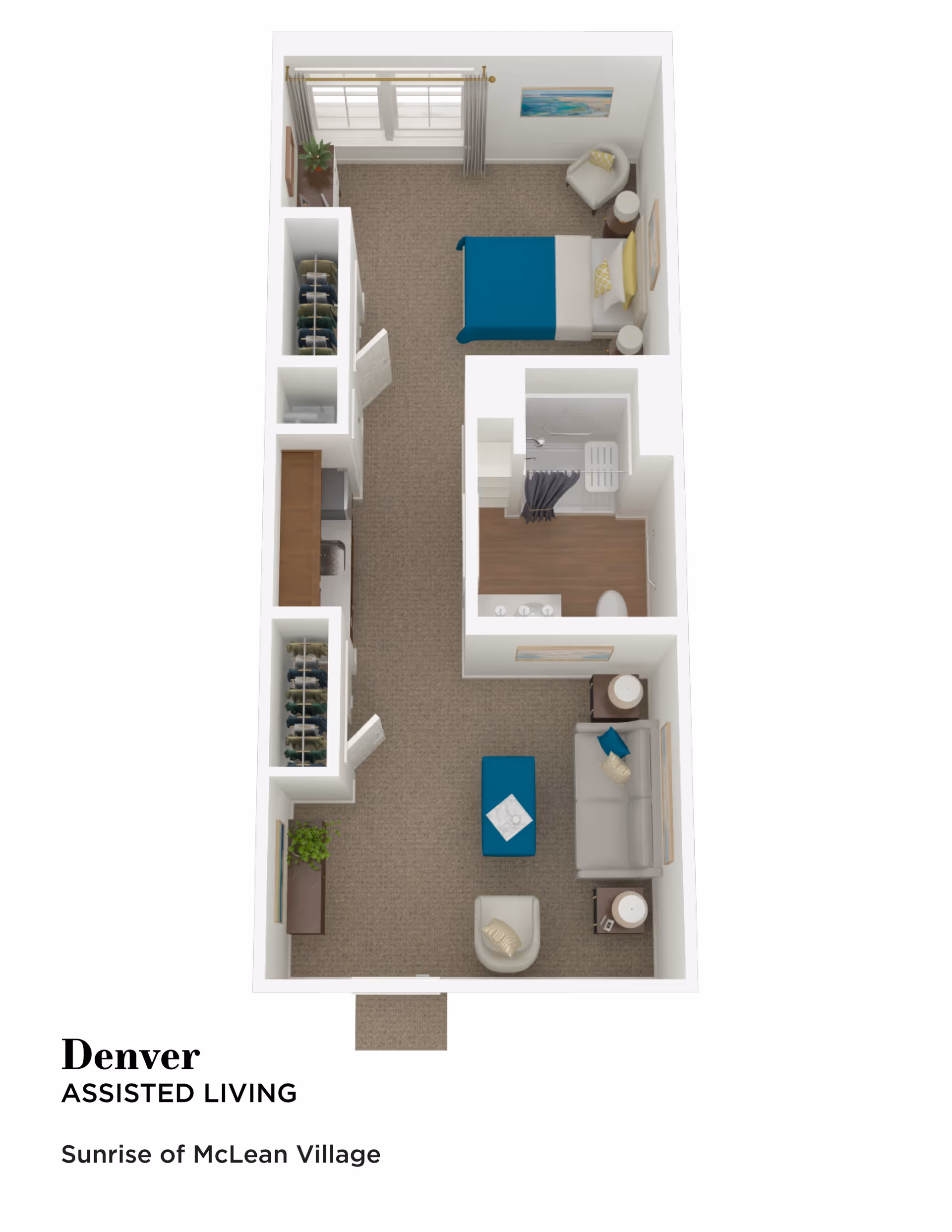 3D floor plan of an assisted living apartment named Denver at Sunrise of McLean Village, showing a layout with a bedroom containing a bed, chair, and nightstands, a bathroom with a shower, sink, and toilet, and a living area with a sofa, chair, and coffee table.