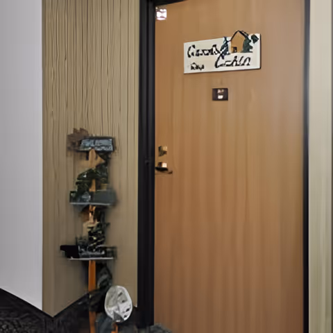 A closed wooden door with a small sign that reads 'Carefree Cottages' and a door handle. To the left of the door is a corner with a small decorative shelf holding some plants and ornaments.
