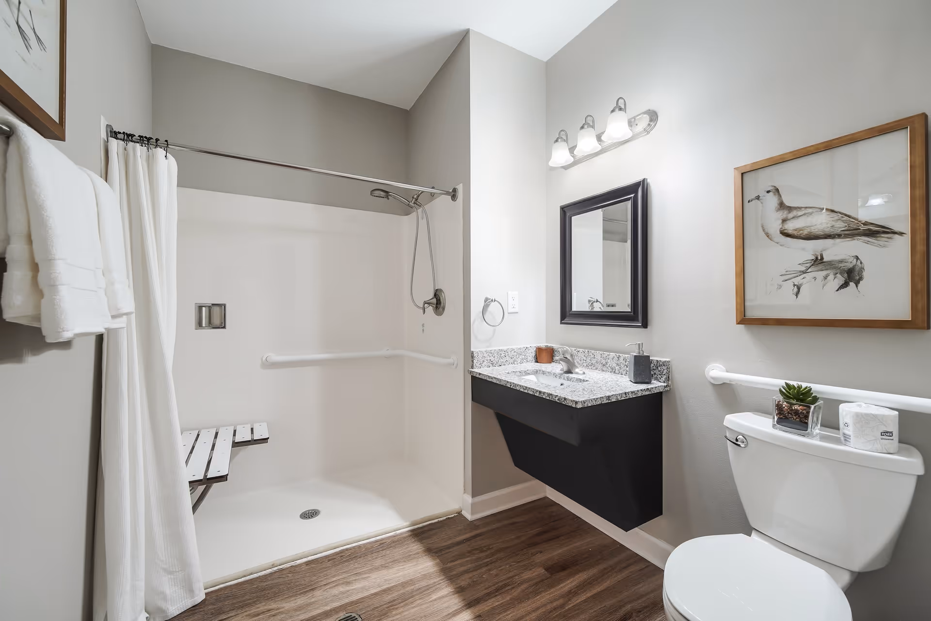 A modern bathroom featuring a walk-in shower with a white curtain and a fold-down bench, a floating vanity with a granite countertop and a rectangular mirror above it, a toilet with a small plant and tissue box on the tank, and a framed bird artwork on the wall. The floor is wood-style and the walls are painted light gray.