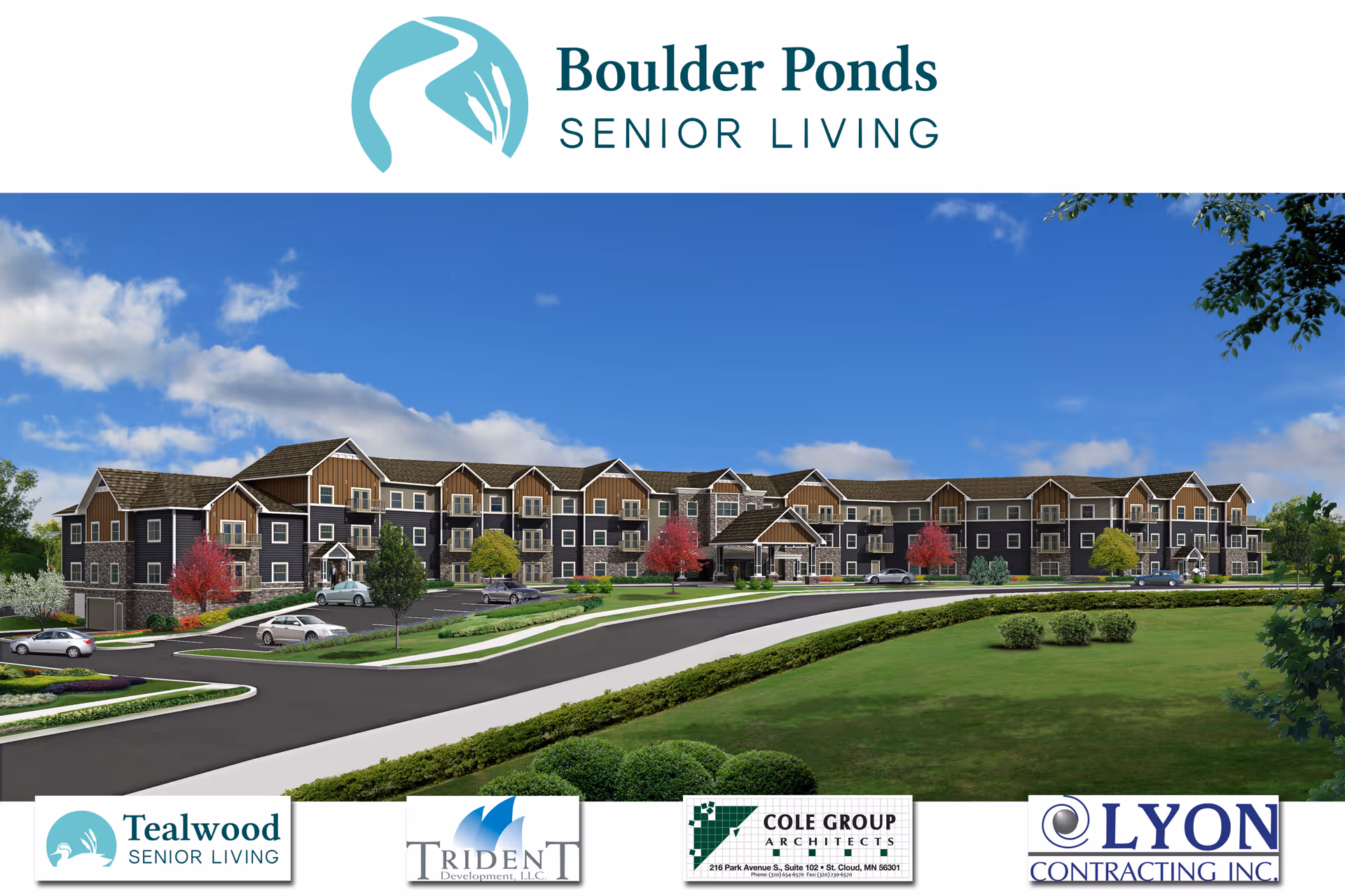 Exterior view of a large, modern senior living facility named Boulder Ponds Senior Living, featuring a multi-story building with balconies, surrounded by landscaped greenery, trees, and a parking area under a blue sky with some clouds.