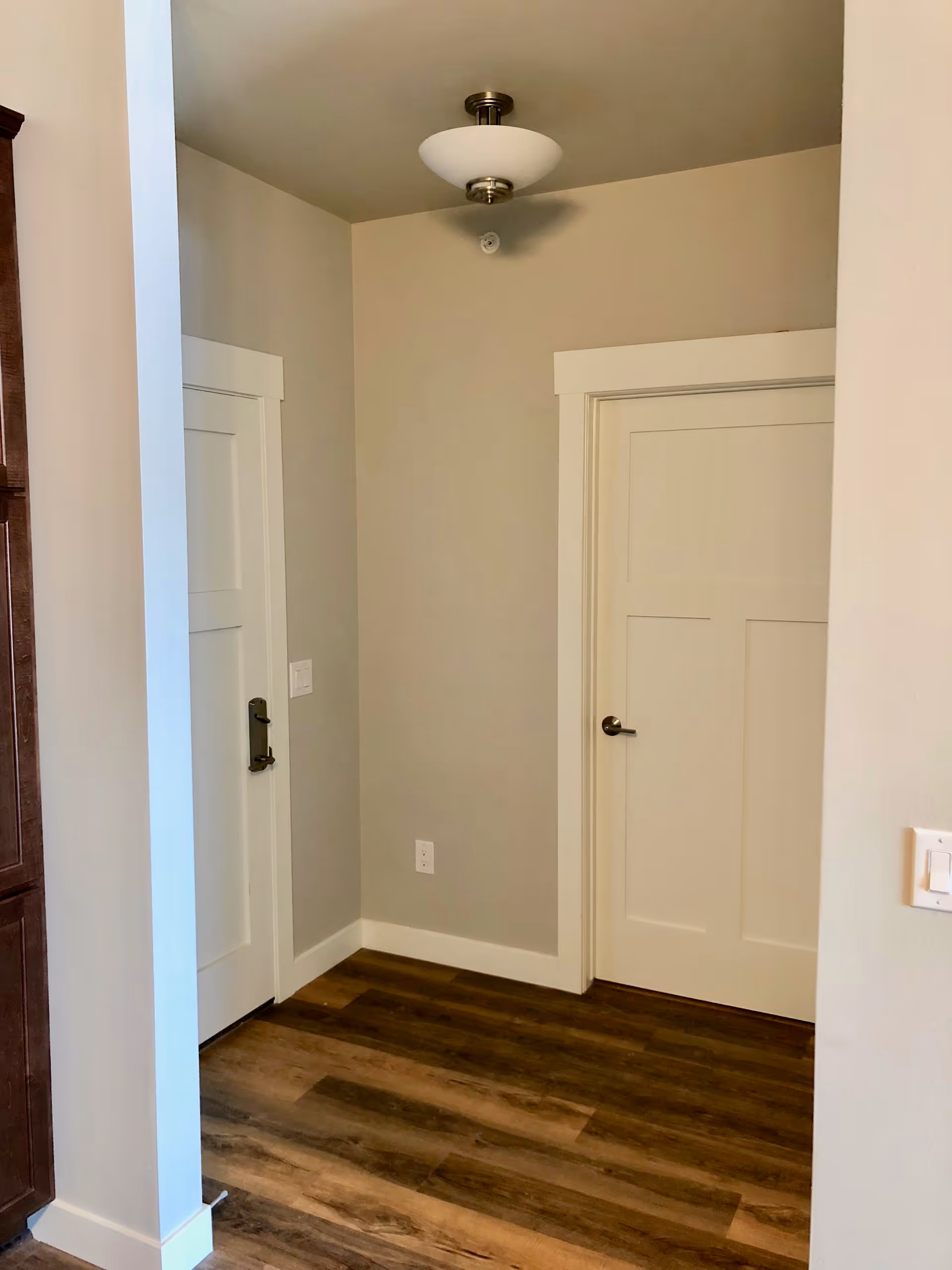 Small interior entryway with two closed white paneled doors, wood flooring, and a ceiling light fixture.