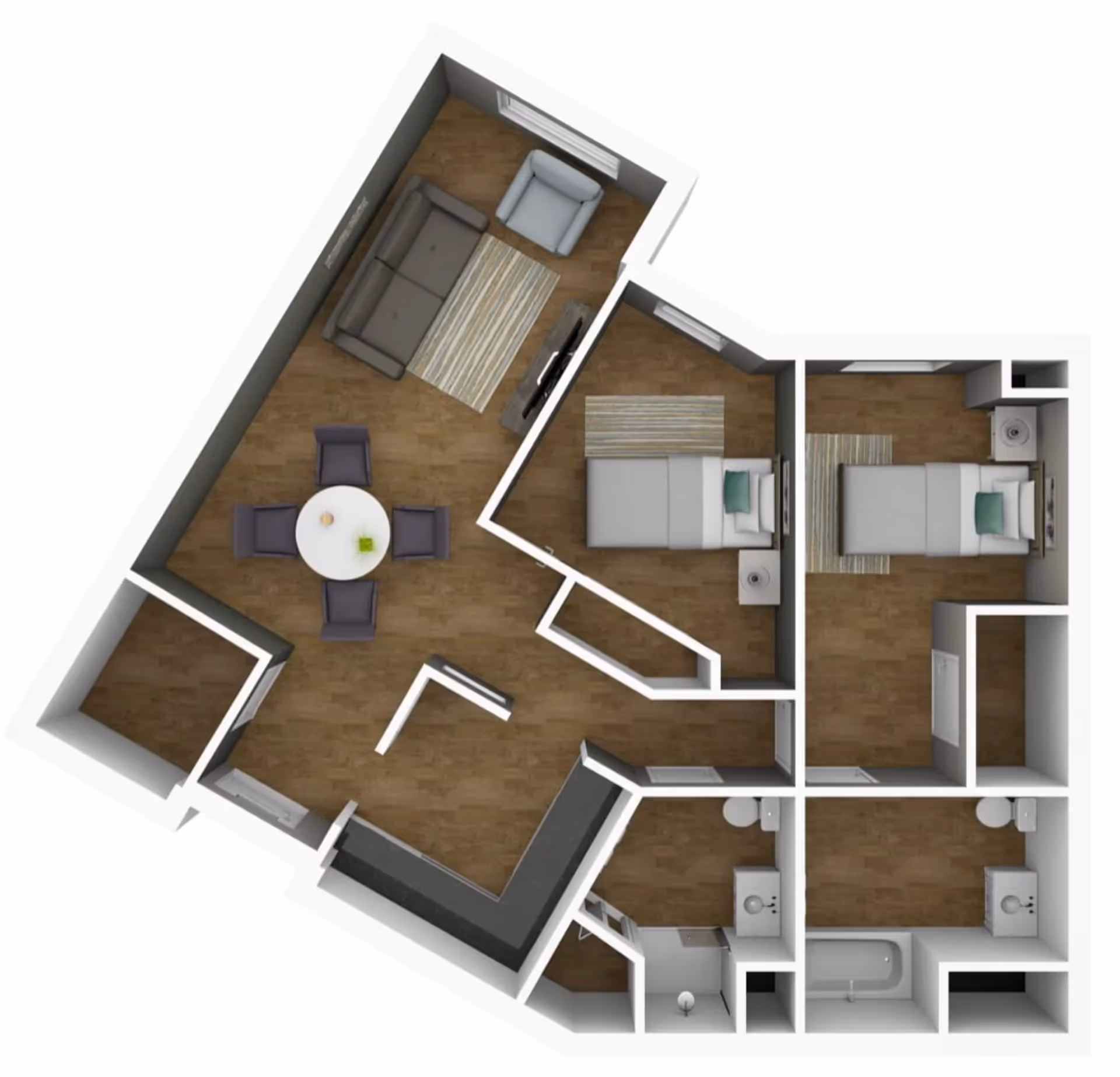 3D floor plan of an apartment featuring a living room with a sofa, armchair, TV, and round dining table with four chairs. There are two bedrooms, each with a bed and nightstand. The layout includes two bathrooms, one with a bathtub and the other with a shower, and a small laundry area.