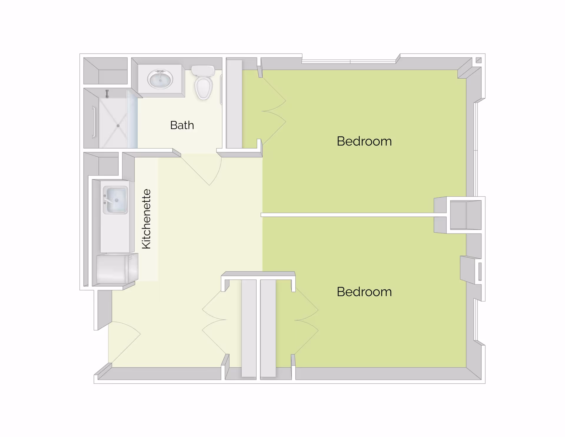 Floor plan of a living space at The Residence at Silver Square showing two bedrooms, a bath with a shower, toilet, and sink, and a kitchenette area with a sink and small refrigerator.