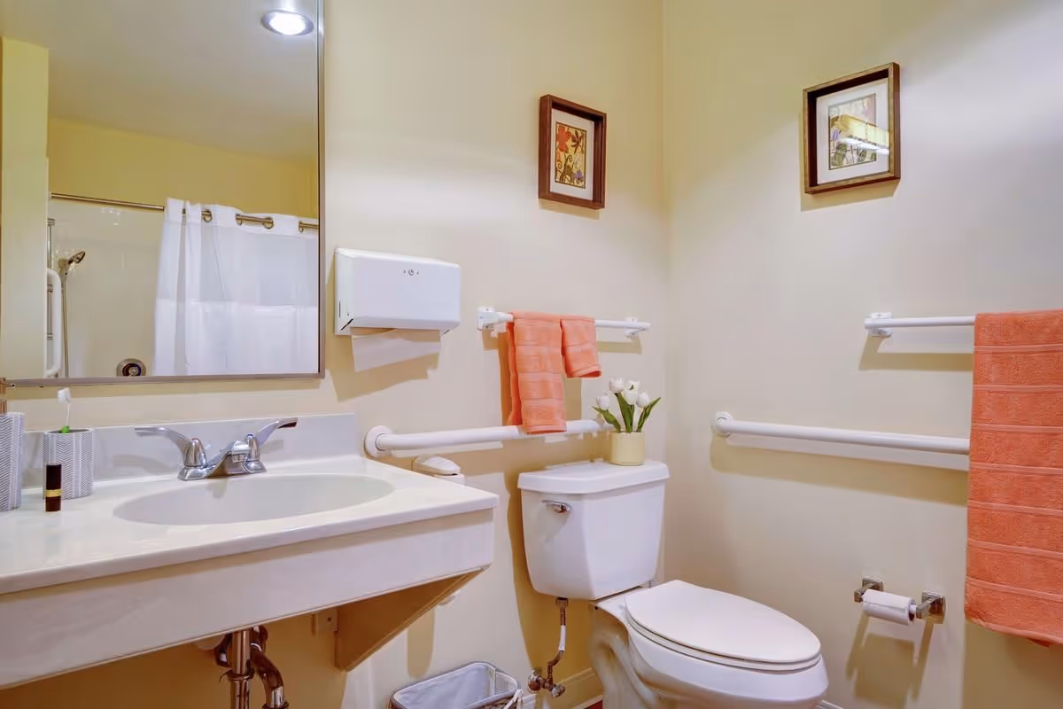 A clean and well-lit bathroom with a white sink and countertop, a large mirror above the sink, a white toilet with a small vase of white tulips on the tank, and coral-colored towels hanging on white towel racks. The walls are light beige and decorated with two small framed pictures. There are grab bars installed near the toilet and sink for accessibility.