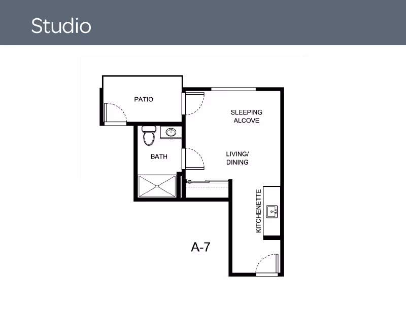 Floor plan of a studio apartment labeled A-7 at Holiday Golden Oaks, showing a patio, bath with toilet and sink, sleeping alcove, living/dining area, and kitchenette.