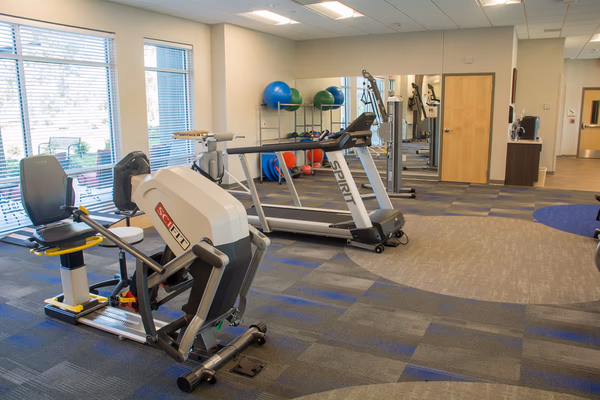 Well-lit fitness room with treadmills, strength machines, and exercise balls near large windows.