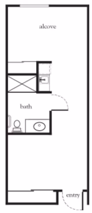 Black and white floor plan layout showing an entry leading to a main room with an alcove area, a bathroom with a toilet and sink, and a closet space.