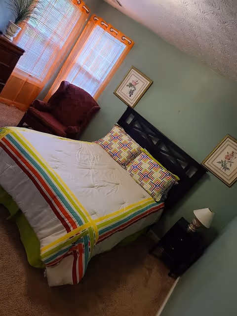 A bedroom with a bed featuring a colorful striped bedspread and patterned pillows. There is a dark wooden headboard, two framed floral pictures on the green walls, a small black nightstand with a lamp, a maroon armchair near two windows with orange curtains, and a wooden dresser with a plant on top.