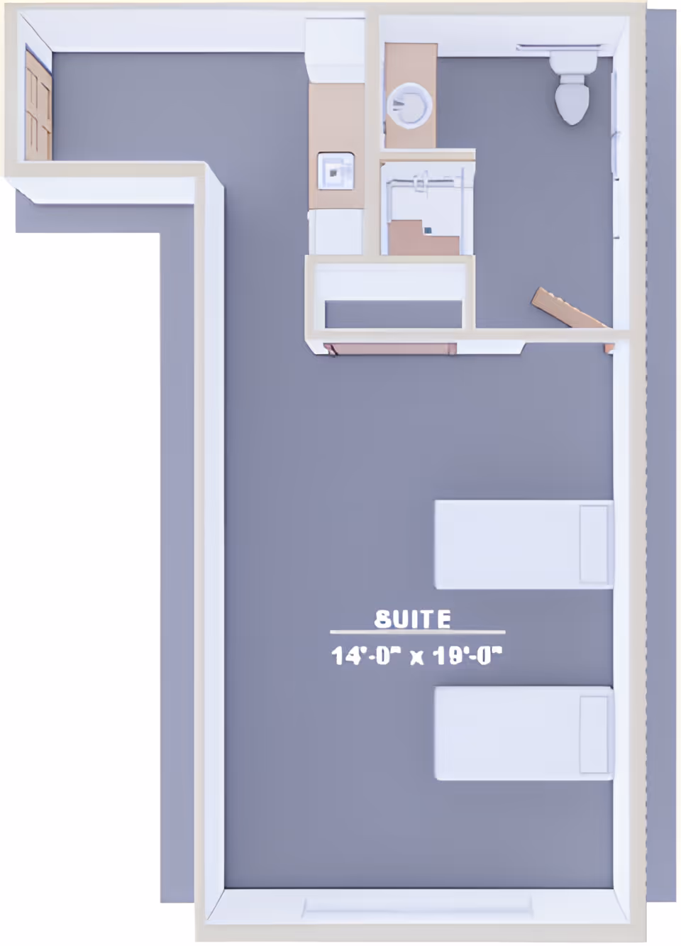 3D floor plan of a suite measuring 14 feet by 19 feet, featuring two beds, a bathroom with a toilet, sink, and shower, and an entry area with a closet.