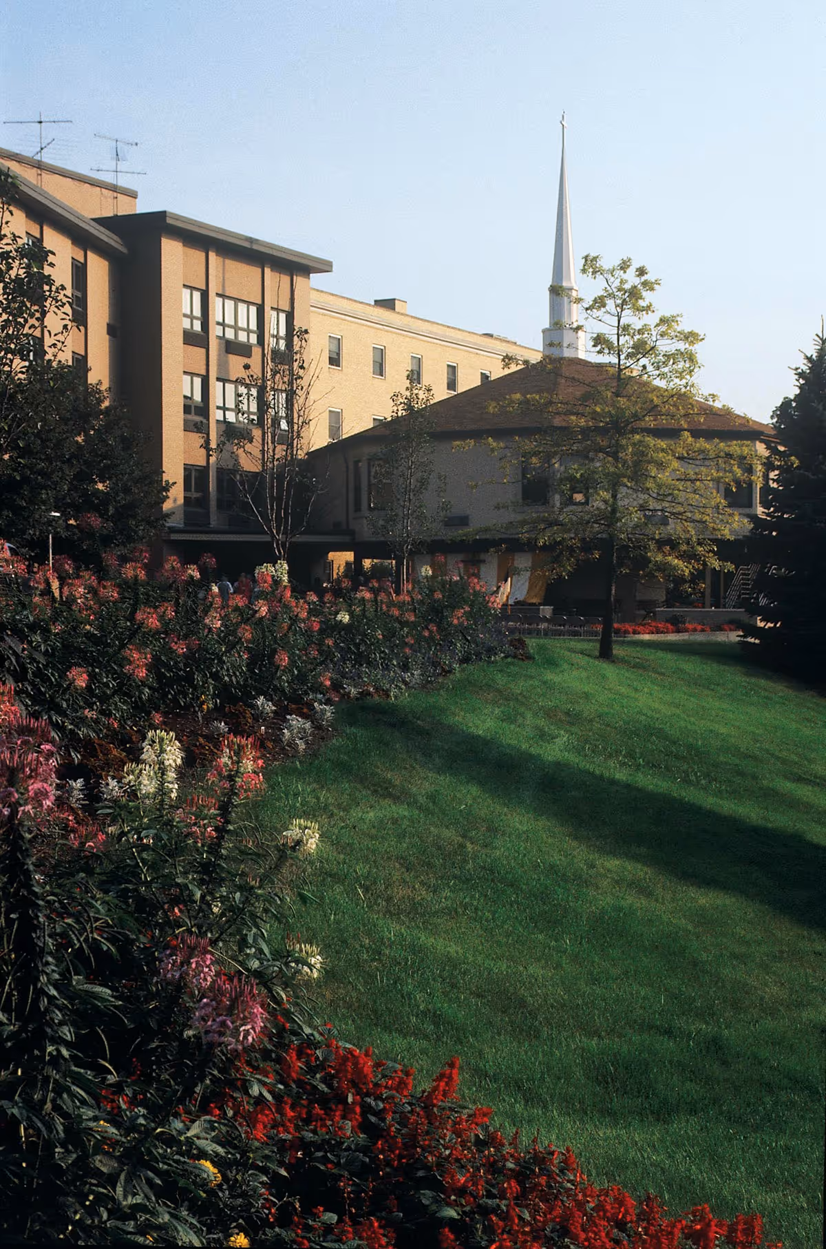 A landscaped garden area with green grass and colorful flowers in front of a multi-story building with a steeple, under a clear sky.