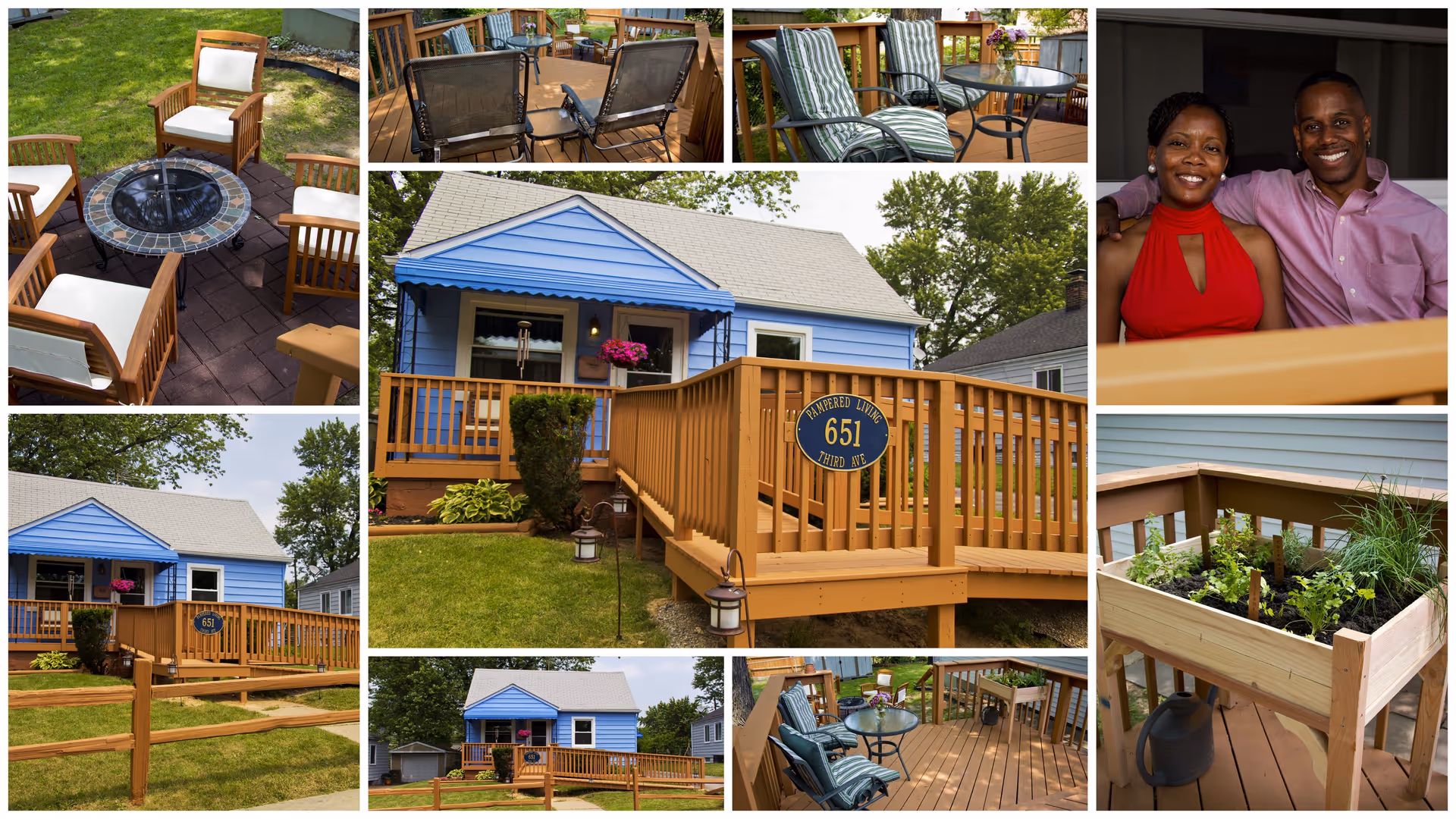 Collage showing a small blue house with a wooden ramp and deck, outdoor seating and planters, and two smiling people.