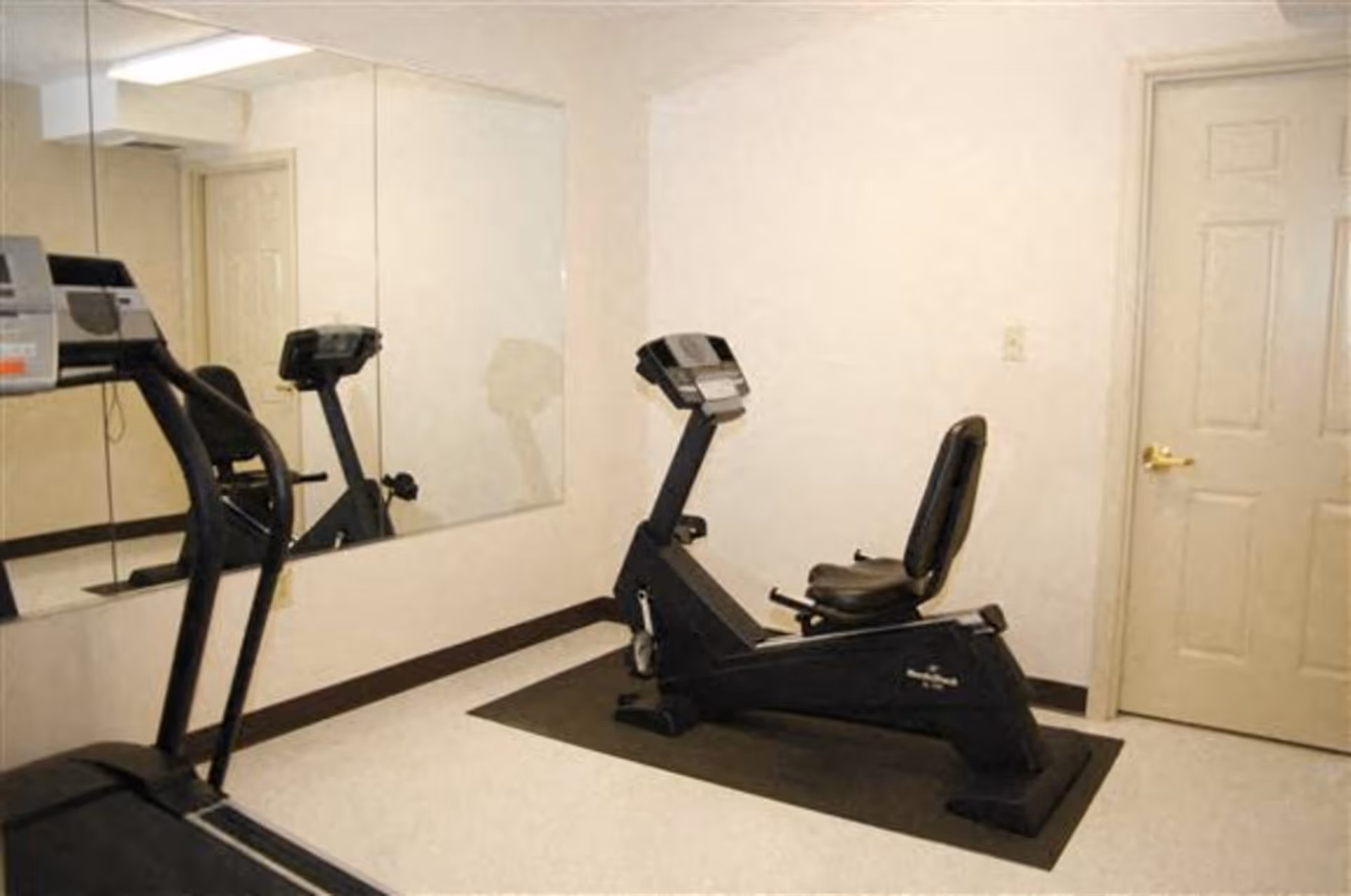 A small exercise room with a treadmill and a recumbent stationary bike placed on a black mat. The room has white walls, a large mirror on one wall, and a closed door with a gold handle.