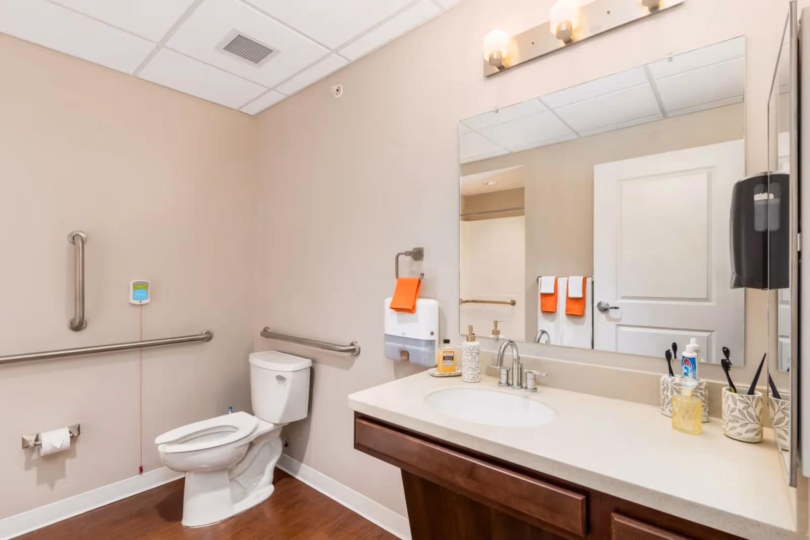 Accessible bathroom with a toilet, wall grab bars, a sink and mirror, and a countertop with toiletries.