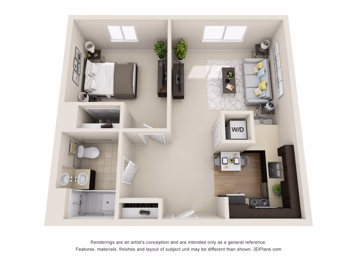 3D floor plan of a one-bedroom apartment featuring a bedroom with a bed and nightstands, a bathroom with a shower, toilet, and double sink, a living room with a sofa, coffee table, and TV, and a kitchen with appliances and a small dining table. There is also a washer/dryer unit near the living room.
