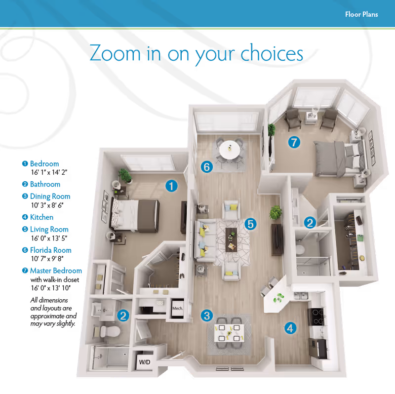 Top-down 3D labeled floor plan of an apartment showing two bedrooms, bathroom, kitchen, dining and living areas.