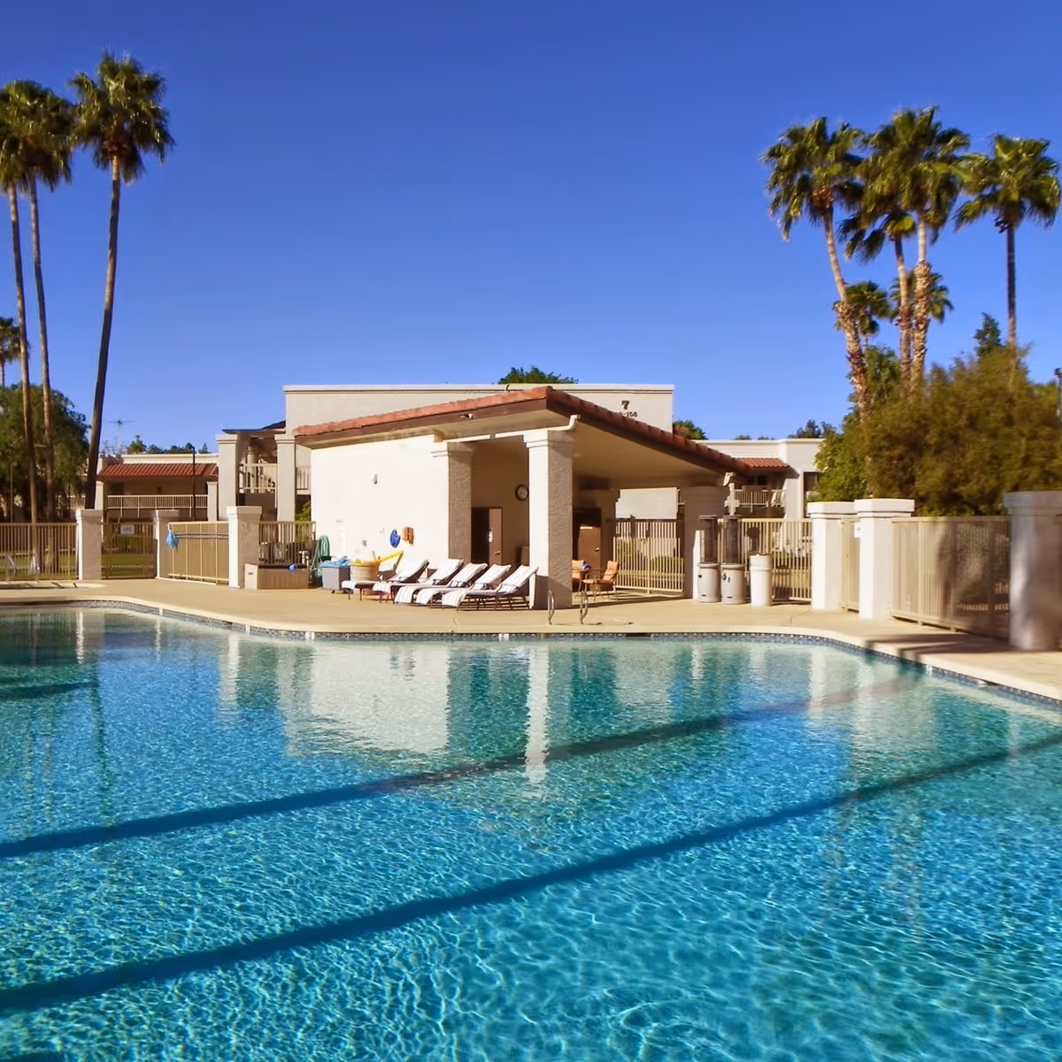 Outdoor swimming pool with clear blue water surrounded by a concrete deck with several lounge chairs. In the background, there is a building with a covered patio area and palm trees under a clear blue sky.