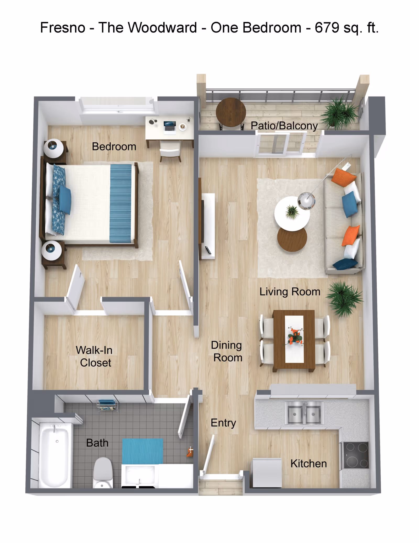 3D floor plan of a one-bedroom apartment named The Woodward at Fresno Senior Living, showing a bedroom with a bed and desk, a walk-in closet, a bathroom with a bathtub, a kitchen with appliances, a dining room with a table and chairs, a living room with a sofa and coffee table, and a patio/balcony with a small table and chair.