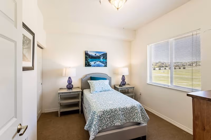 A small, neatly arranged bedroom with a single bed covered in a light blue patterned bedspread and matching pillows. There are two bedside tables with purple lamps on each side of the bed. A framed landscape picture hangs above the bed. A large window with blinds lets in natural light, showing a green outdoor area. The room has beige carpet and white walls.
