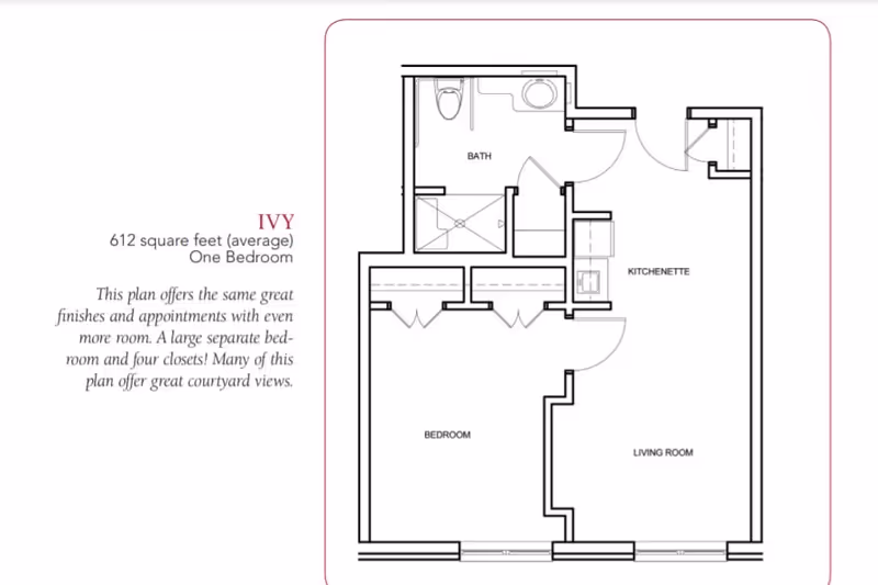 Floor plan labeled 'Ivy' for a one-bedroom, 612 sq ft apartment showing bedroom, living room, kitchenette, and bathroom.