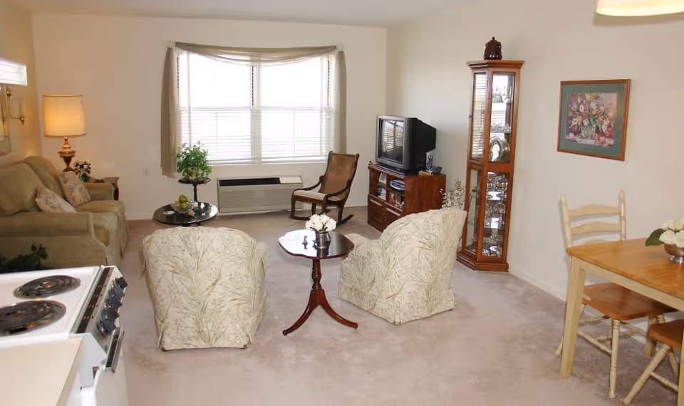 A cozy living room area with two patterned armchairs around a small wooden table with a flower vase, a green sofa with pillows, a wooden rocking chair, a TV on a wooden stand, a glass display cabinet, a dining table with chairs, and a window with blinds and curtains letting in natural light.