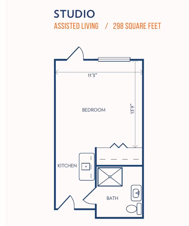 Floor plan of a studio assisted living unit measuring 298 square feet, showing a bedroom area measuring 11 feet 3 inches by 13 feet 9 inches, a kitchen area, and a bathroom with a toilet and sink.