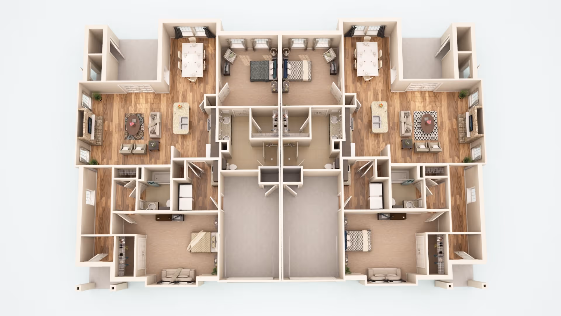 3D floor plan of a residential unit showing two mirrored apartments with living rooms, kitchens, dining areas, bedrooms, bathrooms, and closets.