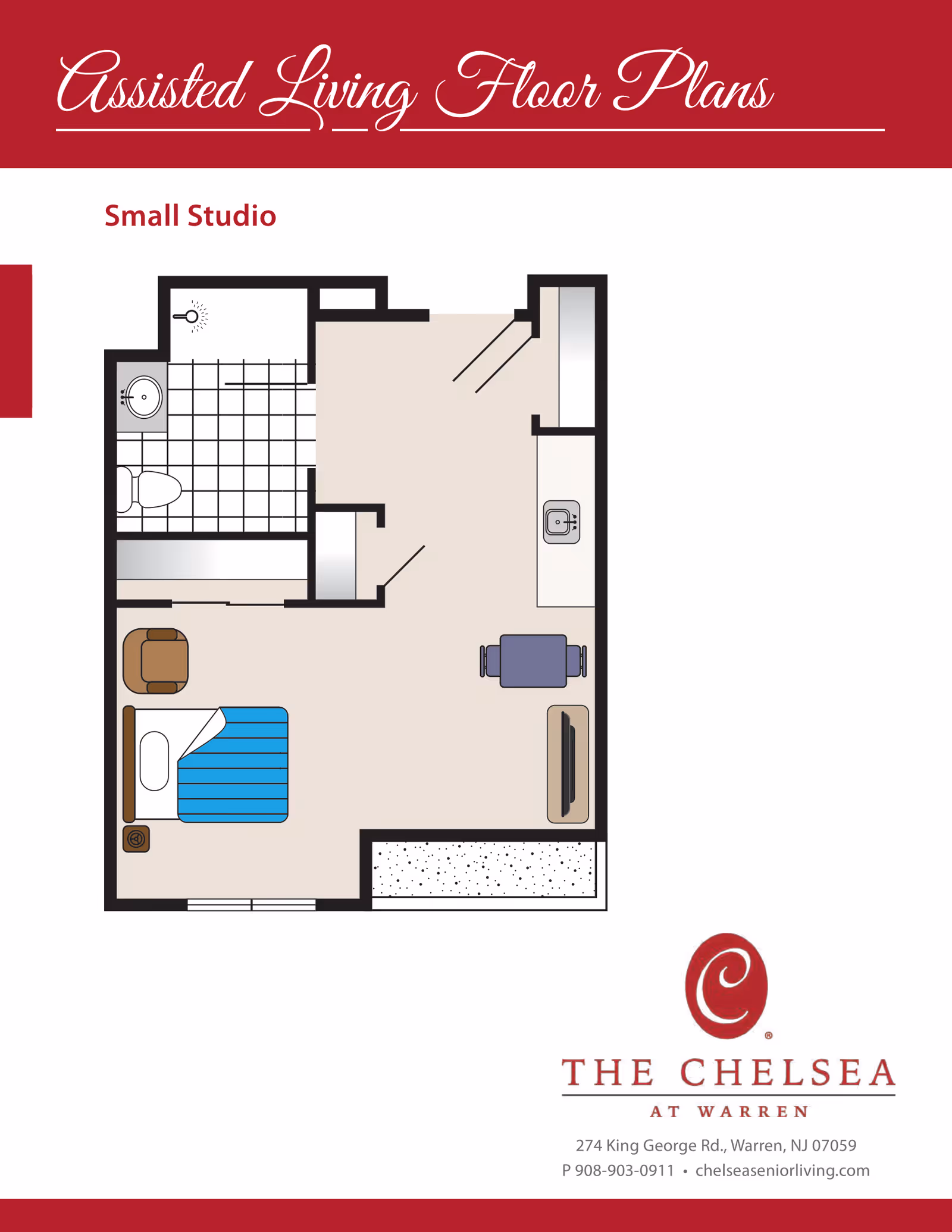 Floor plan of a small studio assisted living apartment showing a combined living and sleeping area with a bed, chair, and TV, a kitchenette with a sink and counter space, and a bathroom with a shower, toilet, and sink.