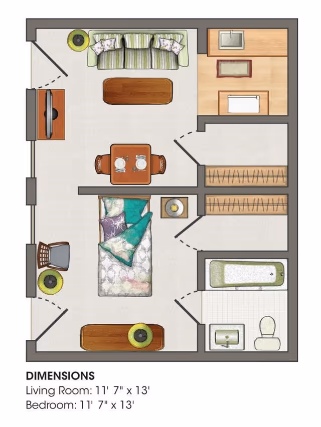 Illustrated floor plan of a small apartment showing a combined living and bedroom area with sofa, bed, dining table, kitchen, bathroom, closets, and dimensions.