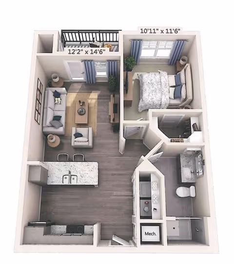 3D floor-plan rendering of a one-bedroom apartment showing a living area with sofa and balcony, kitchen with island, bedroom, bathroom, and labeled room dimensions.
