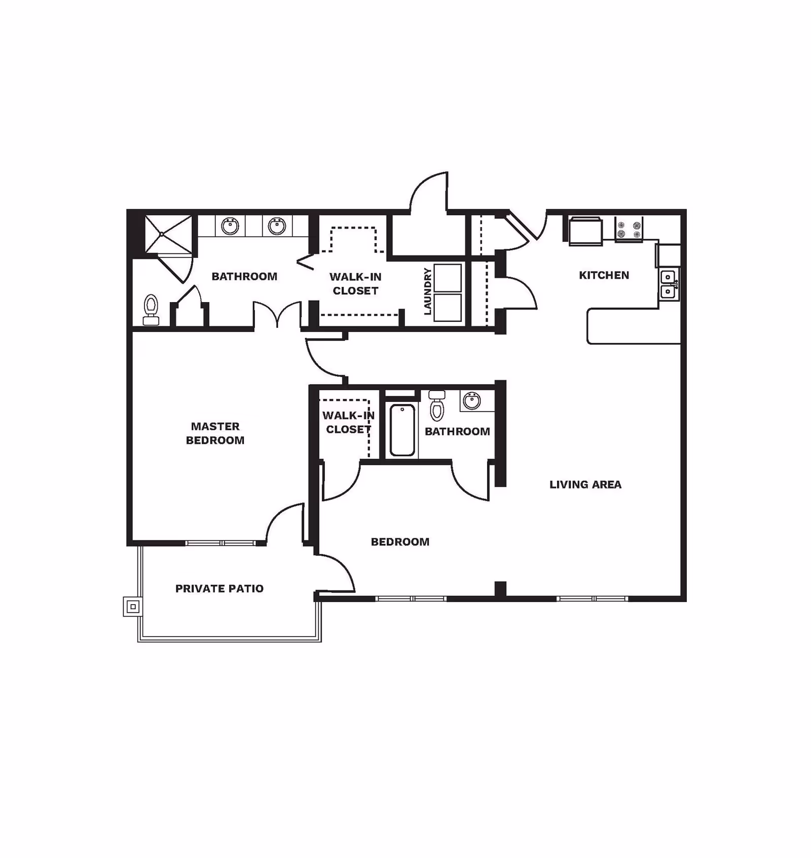 Floor plan of a residential unit at Celebration Village Acworth showing a master bedroom with a private patio, a second bedroom, two bathrooms, two walk-in closets, a laundry area, a kitchen, and a living area.