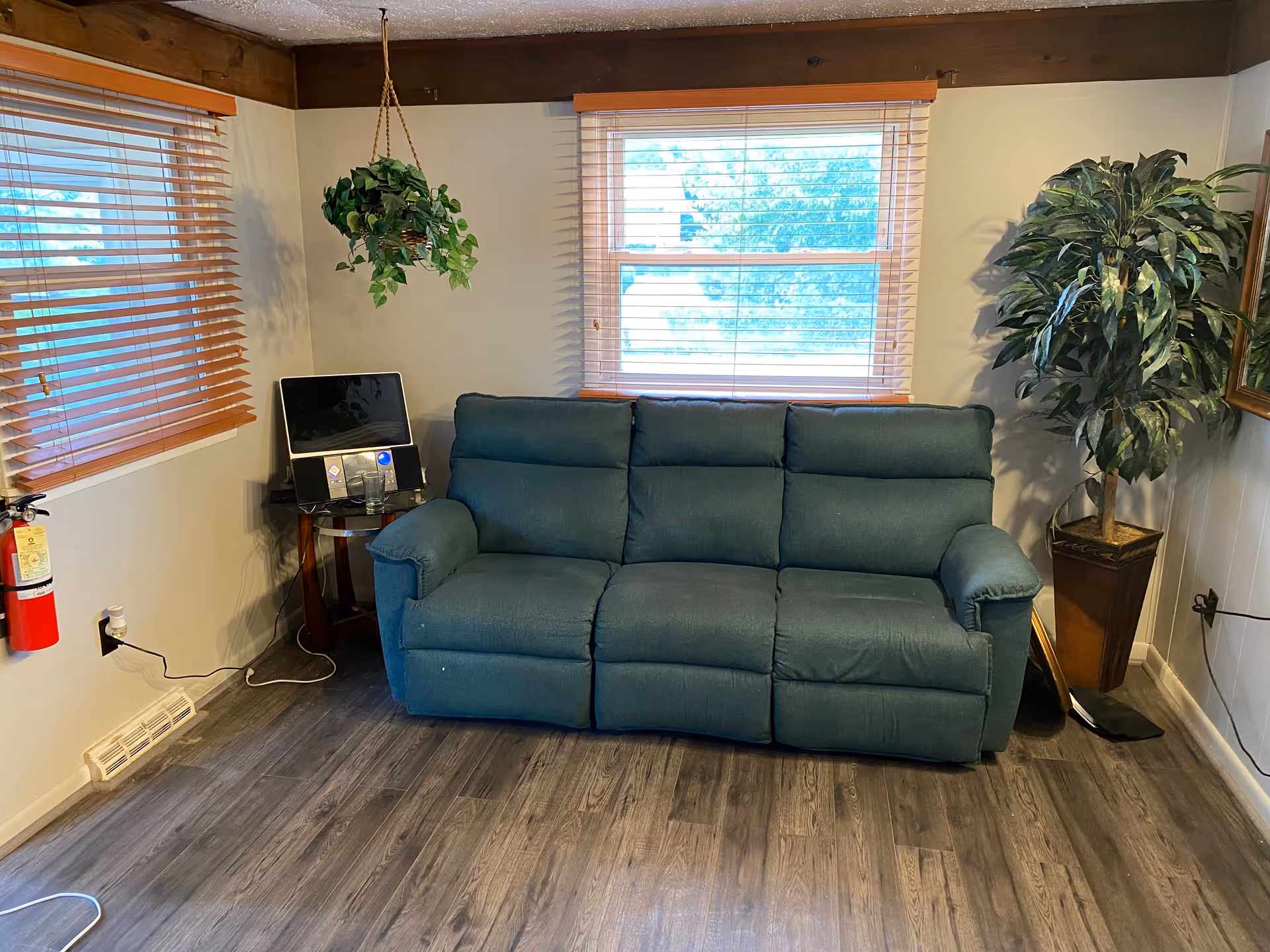 Blue three-seat reclining sofa in a small living room with wood-blinded windows, potted plants, and a side table with electronics.