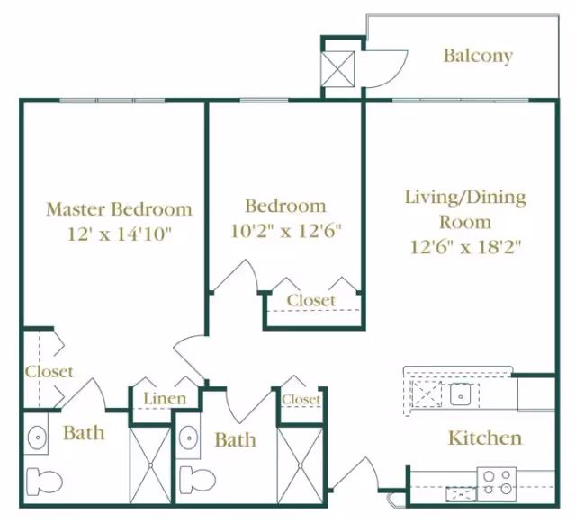Floor plan of an apartment at Waltonwood Cherry Hill showing a master bedroom with closet and bath, a second bedroom with closet, two bathrooms, a linen closet, a kitchen, a living/dining room area, and a balcony.