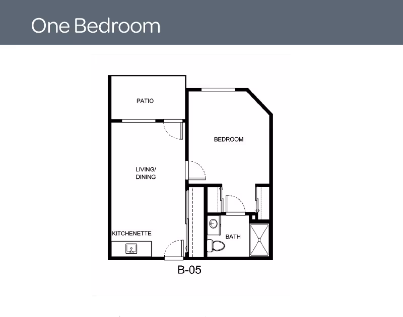 Floor plan of a one-bedroom apartment labeled B-05, showing a patio, living/dining area, kitchenette, bedroom, and bathroom.