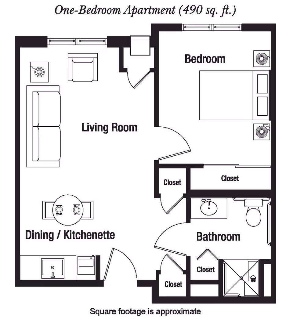 Floor plan of a one-bedroom apartment measuring 490 square feet, showing a living room with sofa and chair, a dining/kitchenette area with a table and two chairs, a bedroom with a bed and two nightstands, a bathroom with a sink, toilet, and shower, and multiple closets throughout the apartment.