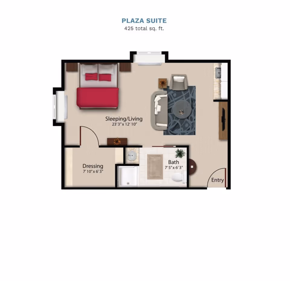 Floor plan titled 'Plaza Suite' (425 sq. ft.) showing a studio layout with sleeping/living area, kitchenette, dressing room, and bathroom.