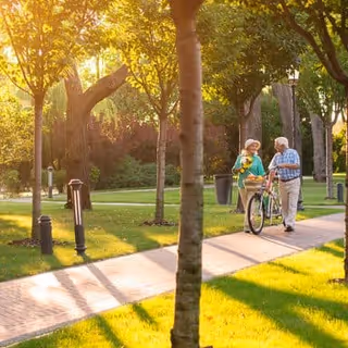 Two older adults walking along a sunlit tree-lined path, one pushing a bicycle.