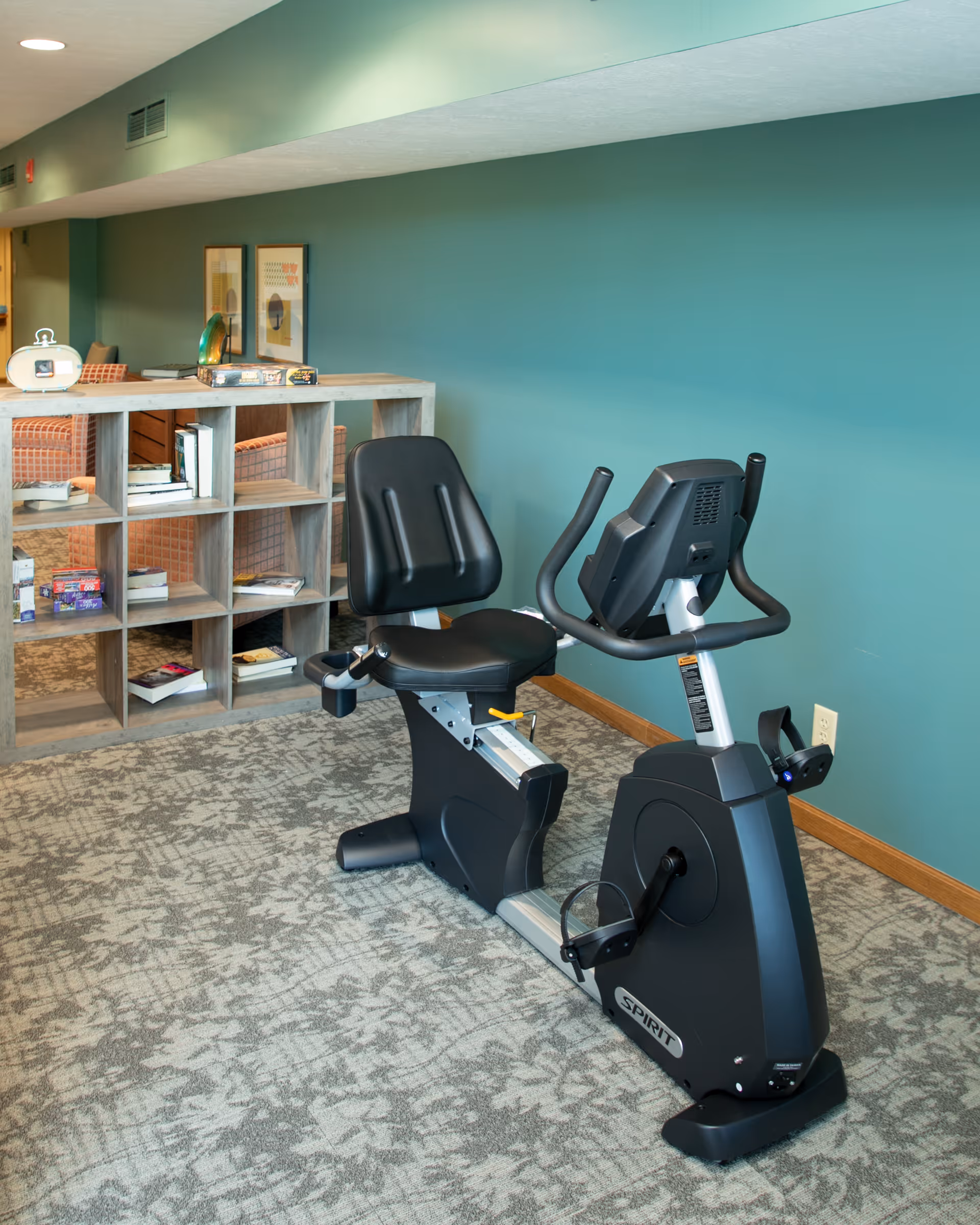 A recumbent exercise bike positioned on a patterned carpet in a room with teal walls. Behind the bike is a wooden cubby shelf filled with books and board games, and a seating area with orange patterned chairs is partially visible.