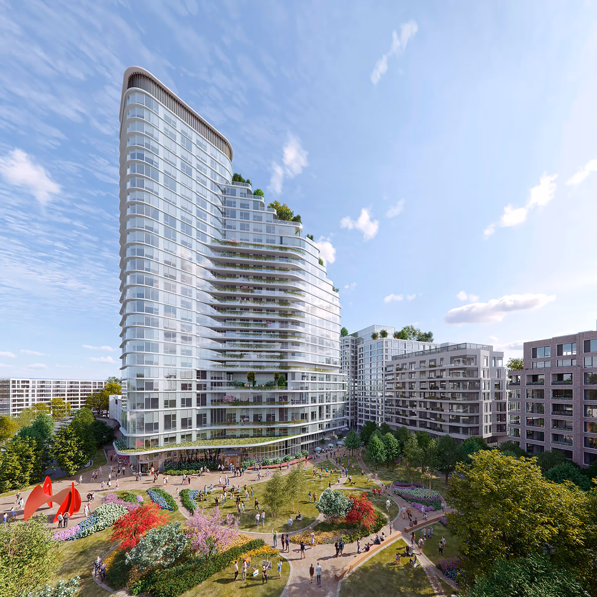 A modern multi-story residential building with curved glass balconies and terraces, surrounded by landscaped gardens and walking paths filled with people enjoying the outdoor space under a partly cloudy sky.