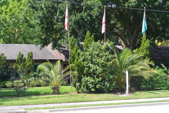 A single-story building partially obscured by lush green trees and bushes, with three flagpoles displaying flags in front of the building. The scene includes a well-maintained lawn and a sidewalk along the street.