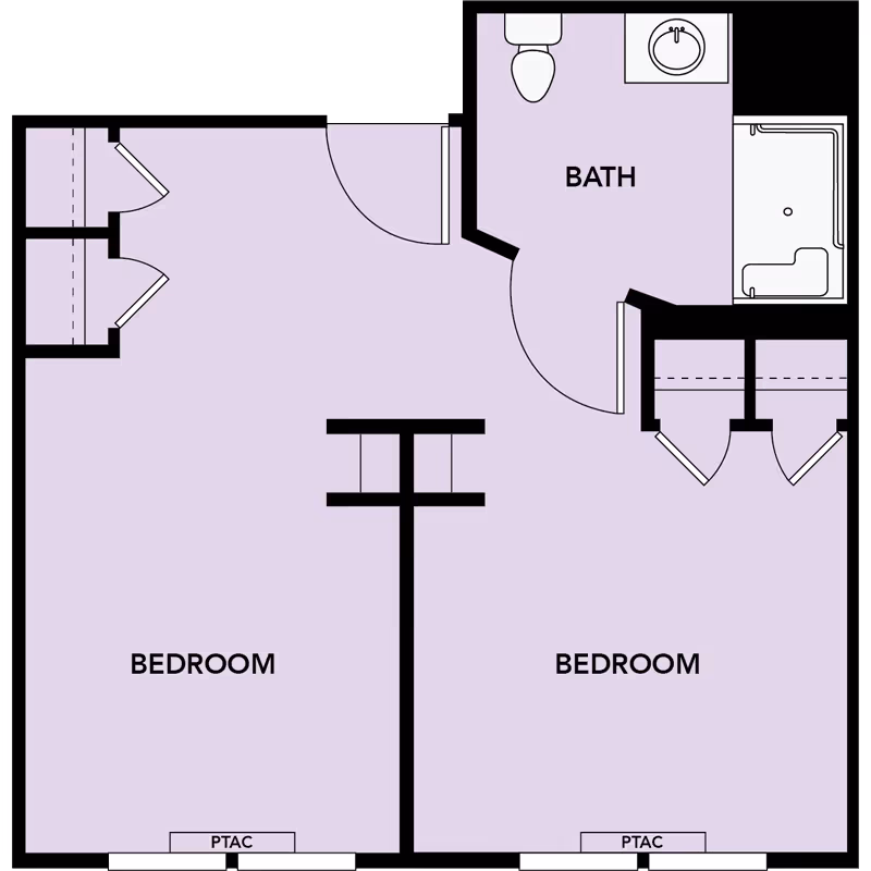 Purple floor plan diagram of a two-bedroom unit with closets, a bathroom, and PTAC units.