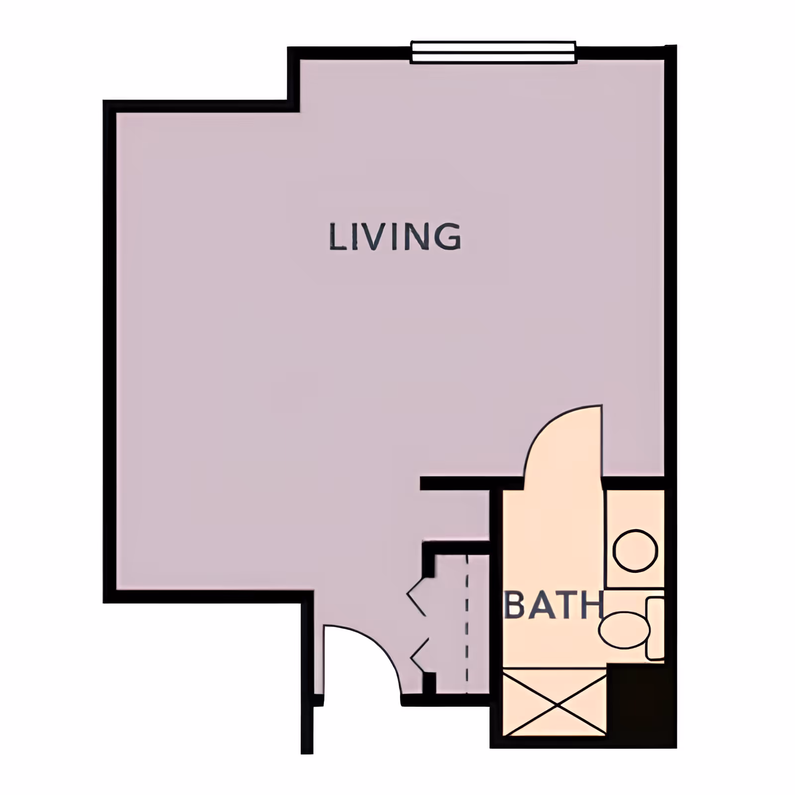 Simple floor plan showing a large living area labeled "LIVING" with an adjacent bathroom labeled "BATH" and entry/closet layout.