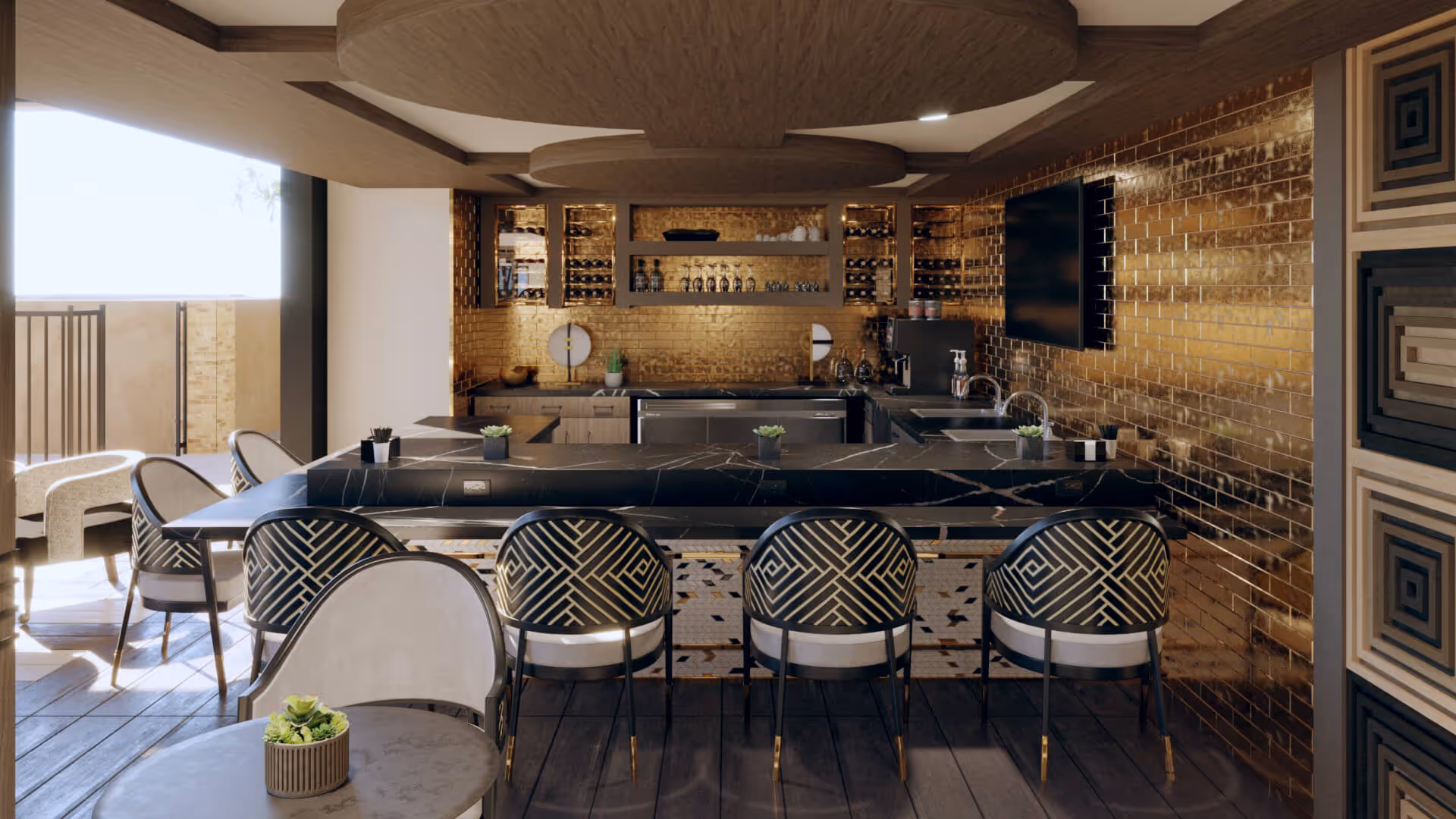 Modern indoor dining and bar area with a black marble counter, patterned bar stools, gold-tiled backsplash, and seating by a sunlit balcony.