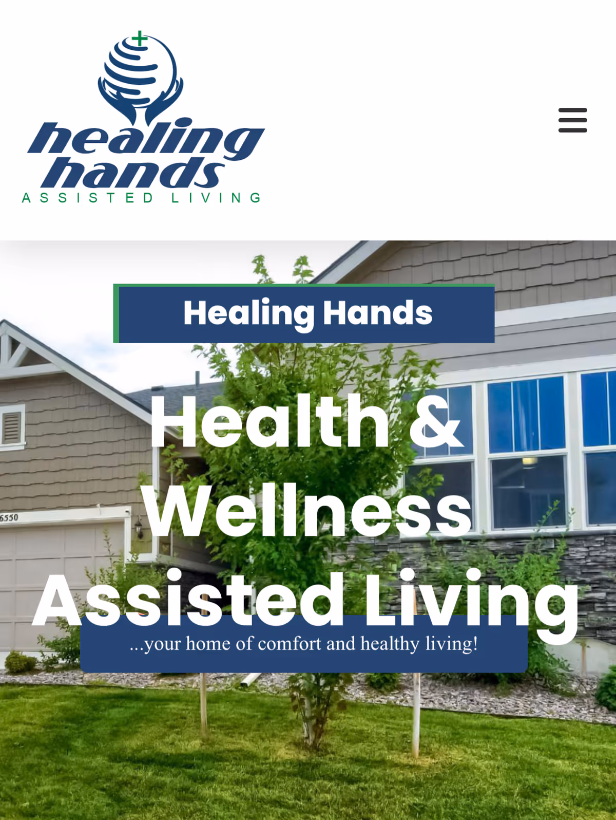 Front view of an assisted living building with a lawn and tree, overlaid by large "Health & Wellness Assisted Living" text and a Healing Hands logo.