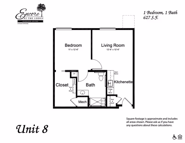 Floor plan of Unit 8 at Encore at The Lodge showing a layout with one bedroom, one bathroom, a living room, kitchenette, closet, and mechanical room. The bedroom measures 11 by 12 feet 6 inches, and the living room measures 12 feet 6 inches by 12 feet 6 inches. The kitchenette includes a fridge and microwave. The total area is 627 square feet.